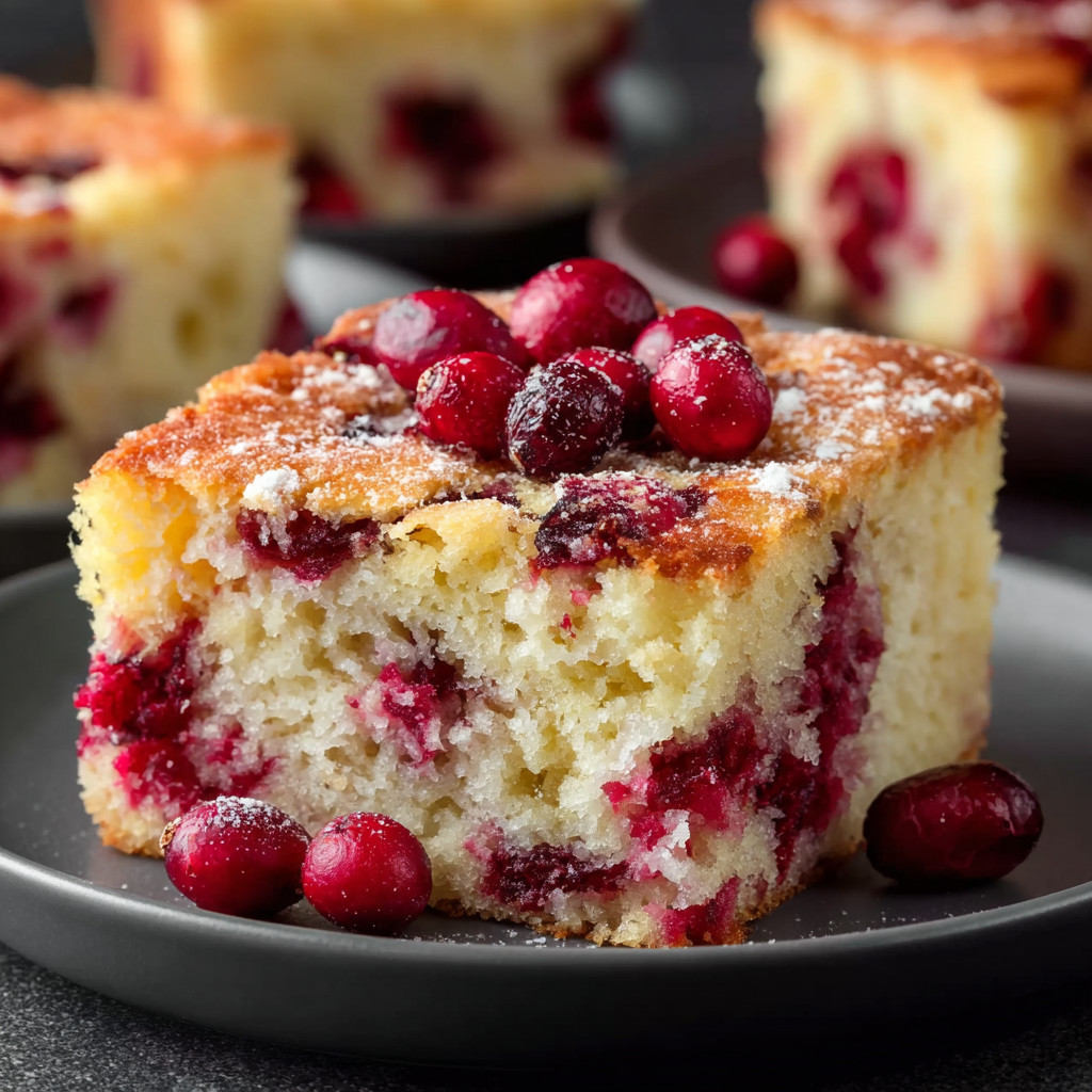 Ein Stück Kuchen mit Zimt, Zucker und Beeren auf einem Plate.