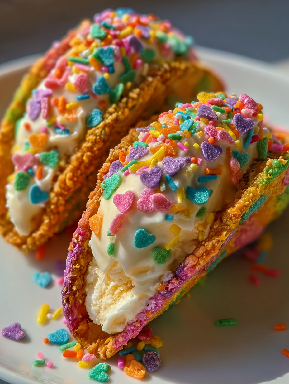 Zwei Eiscreme-Tacos mit Schokoladenglasur auf einem weißen Teller.