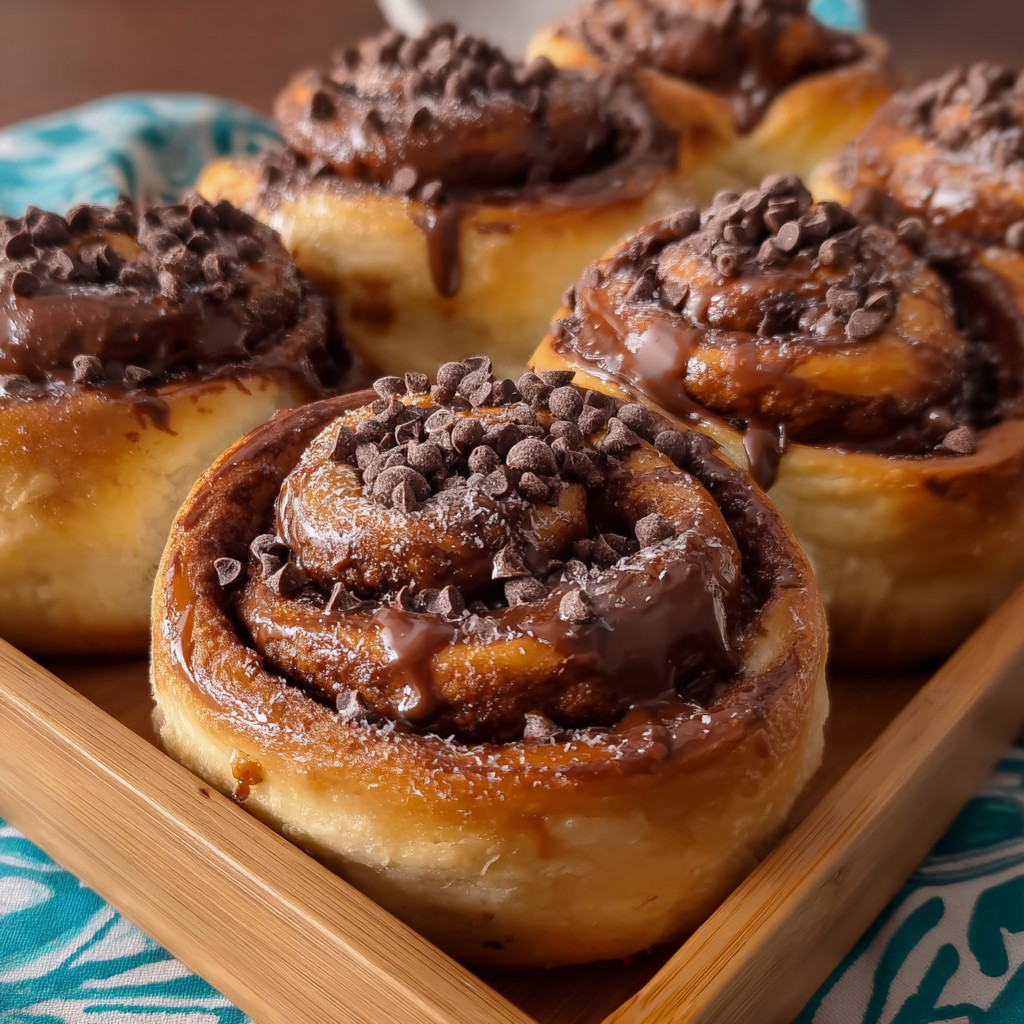 Ein Bogen aus Holz, auf dem sechs Rollen mit Schokoladenglasur und Schokoladenkruste liegen.