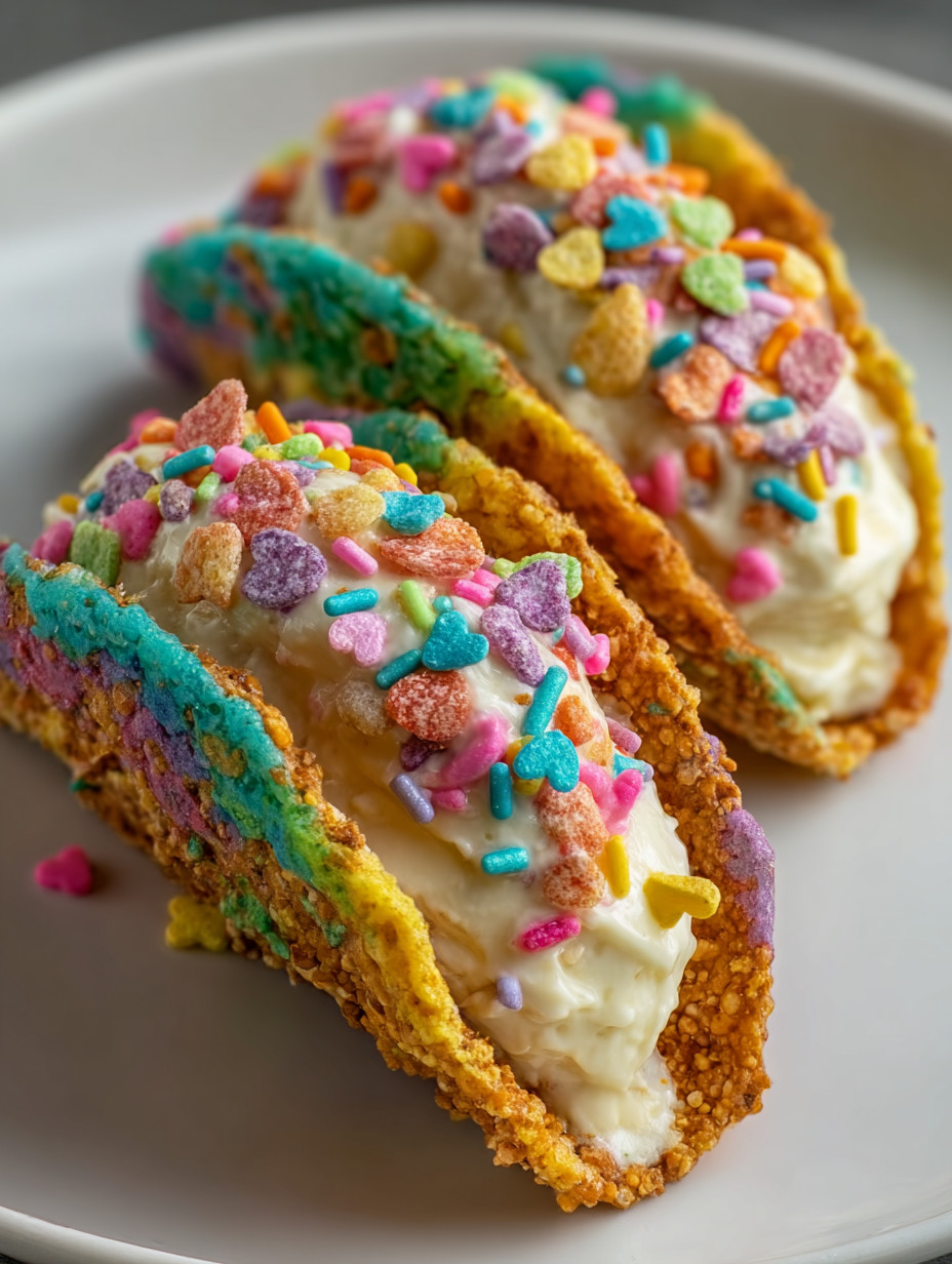 Zwei Tacos mit Schokoladenglasur und Schokoladensirup auf einem Teller.