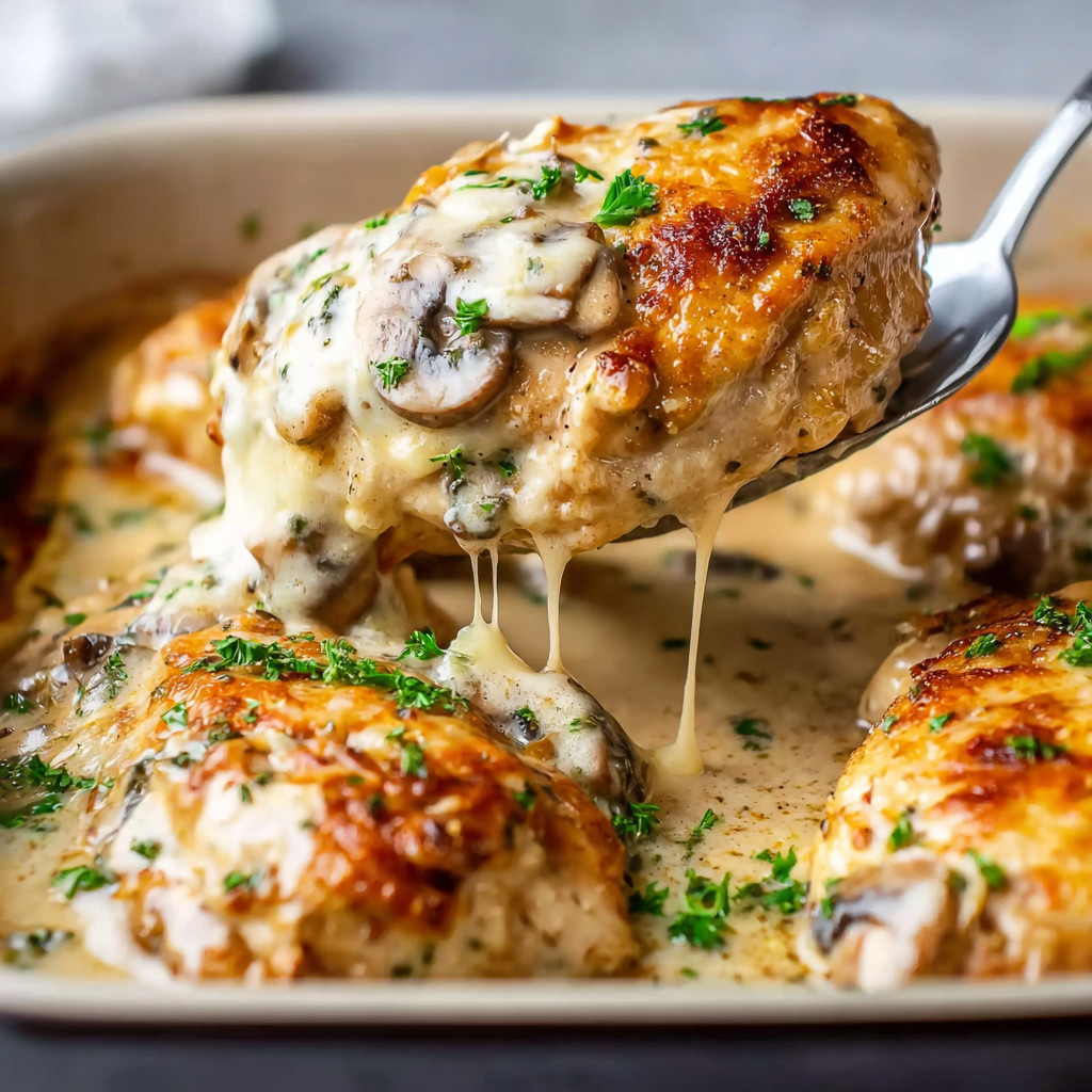 Ein Schmelztopf mit Chicken, Mushrooms und Sauce.