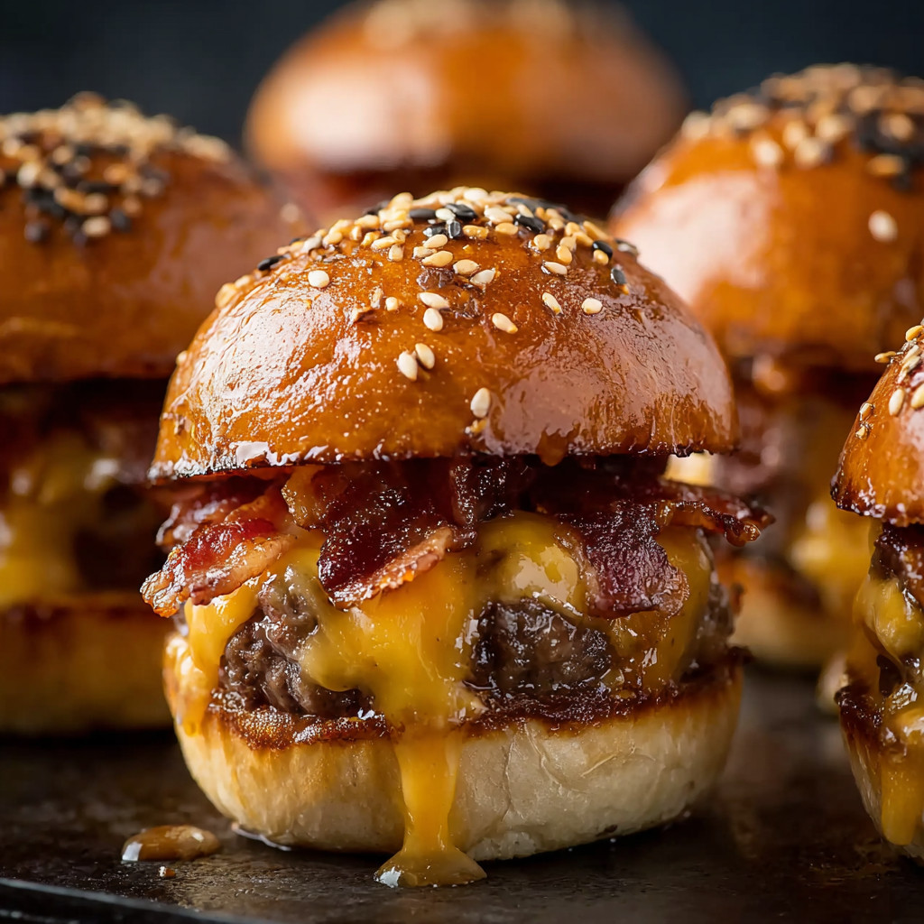 Eine Gruppe von Burger-Bällchen mit Bacon-Topping auf einem Teller.