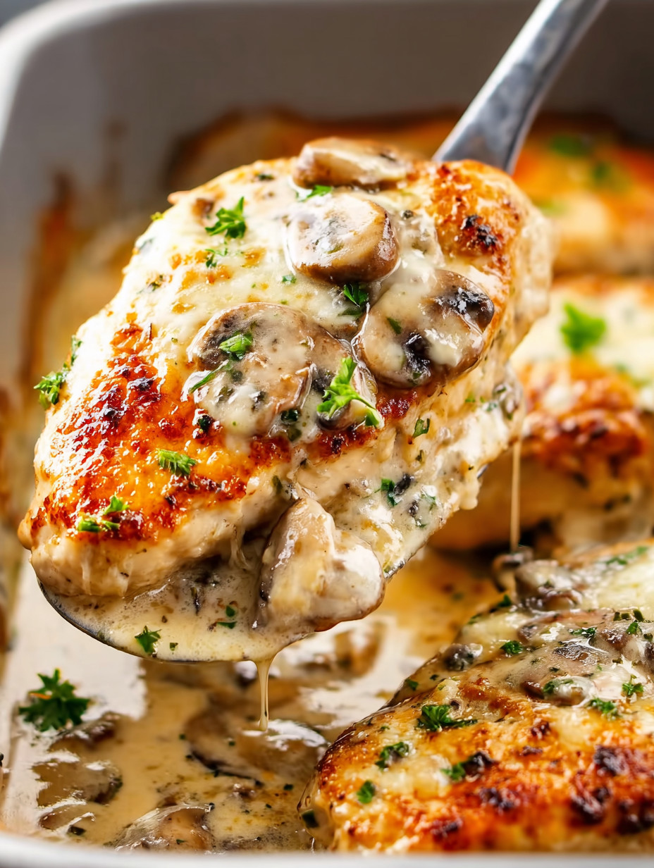 Eine Gabel, die in eine Schüssel mit Mushrooms und Sauce taucht.