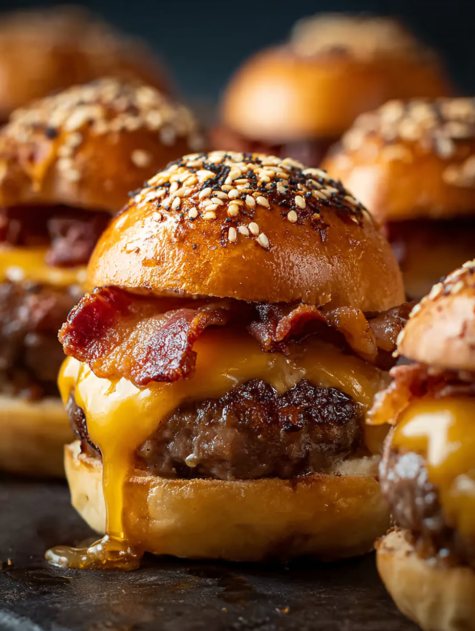 Eine Schüssel mit Bacon-Burgern, die mit Sesamkörnern garniert sind.