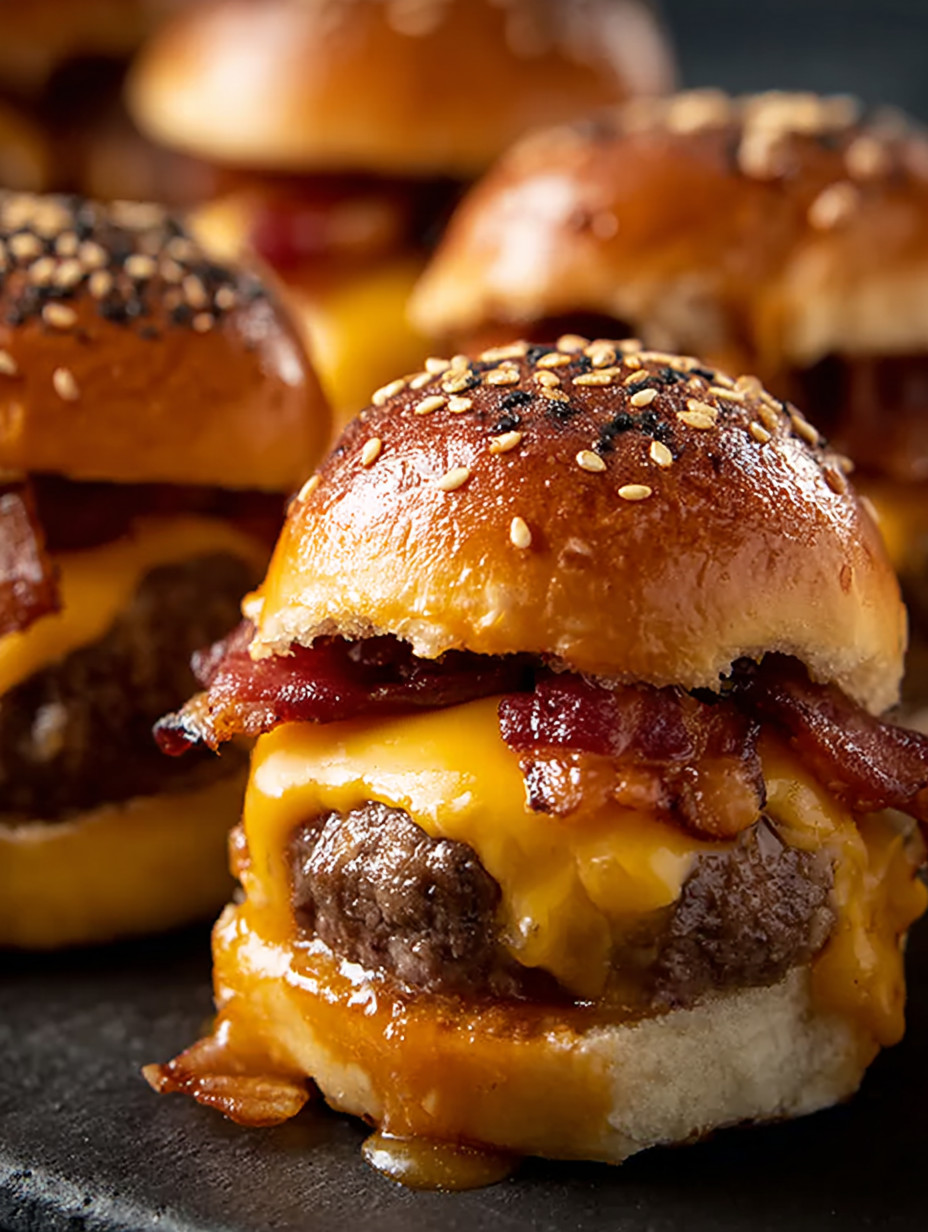 Eine Gruppe von Burger-Bällchen mit Bacon-Topping auf einem Tisch.