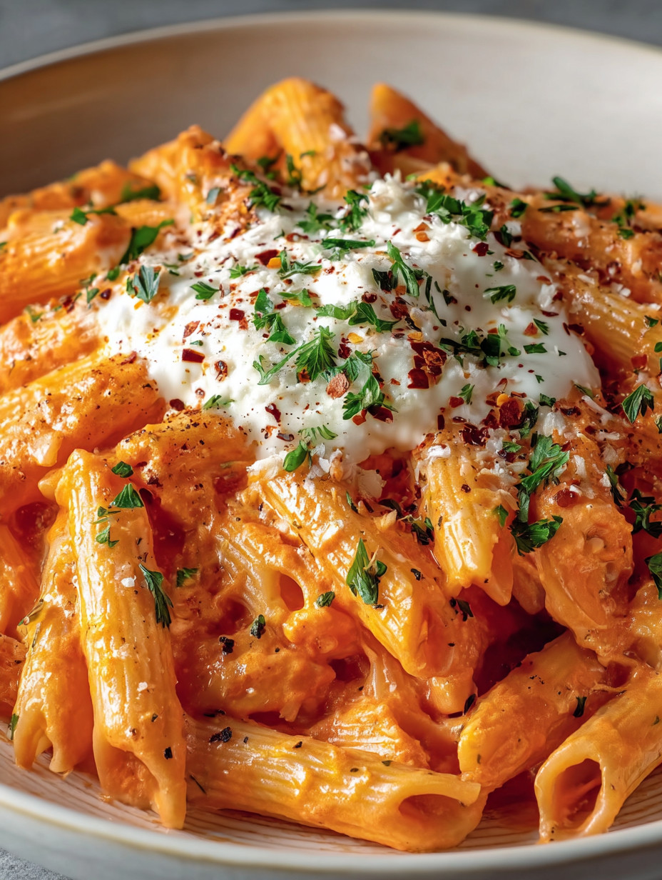 Eine Schüssel mit Penne-Nudeln, die mit Rindfleisch-Creme und Kräutern garniert sind.