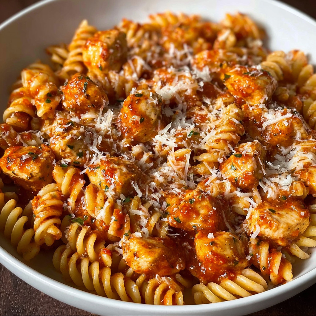 Ein weißer Teller mit Pasta und Zwiebeln.