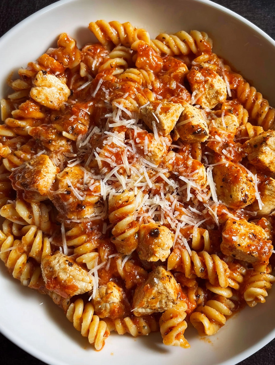 Eine Schüssel mit Pasta, Chicken und Tomaten.