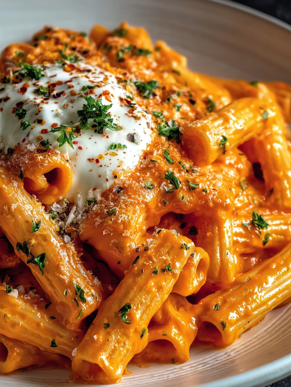 Eine Platte mit Penne-Nudelsalat, der mit Parmesan-Käse und Zwiebeln garniert ist.