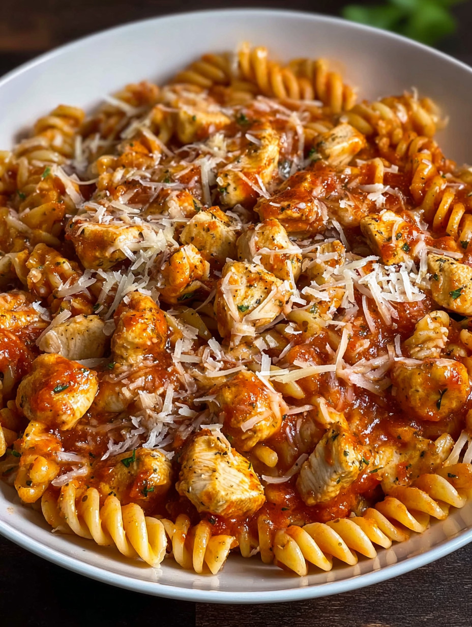 Ein Bild von Pasta mit Zwiebeln und Chicken.