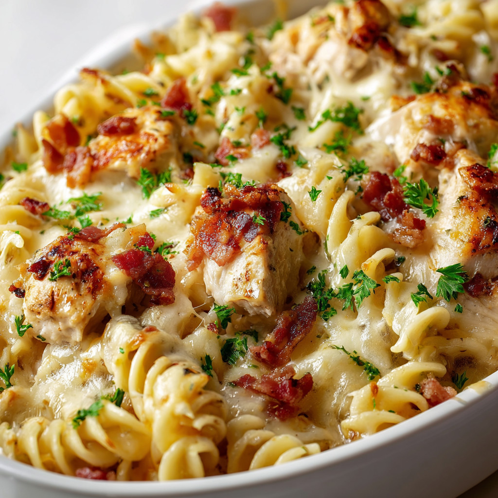 Ein weißer Teller mit Pasta und Bacon.