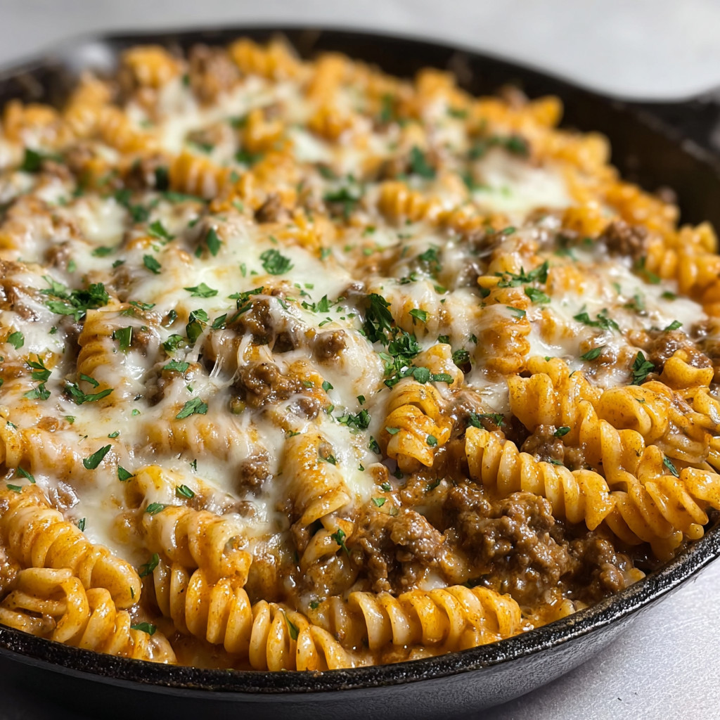 Ein Schmelztopf mit Penne-Nudelsalat und Käse.