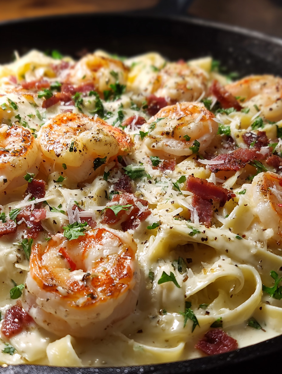 Eine Penne mit Bacon, Shrimp und Zwiebeln.