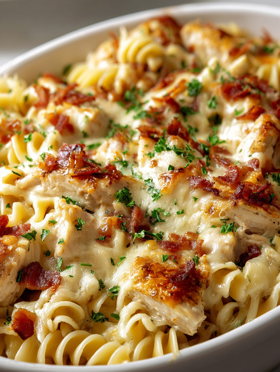 Ein Bild von einer Pasta-Nudelsuppe mit Bacon, die in einem weißen Teller präsentiert wird.