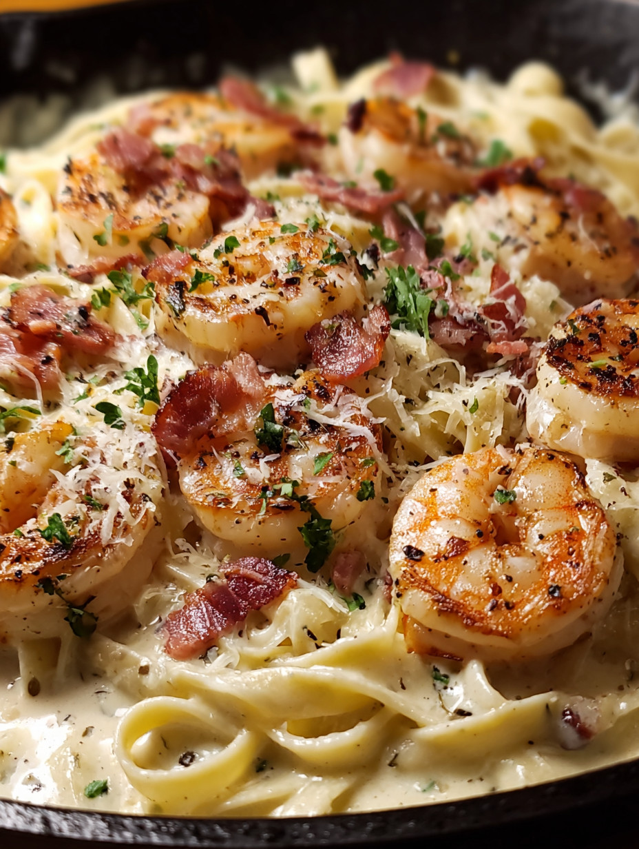 Eine Pasta-Garnitur mit Bacon, Shrimp und Tomaten.