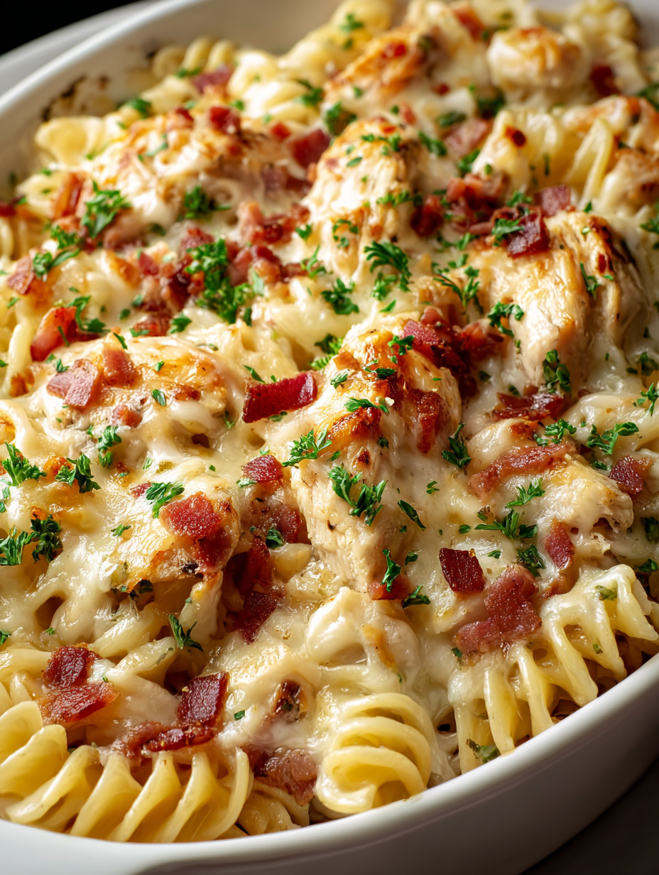 Ein Bild von einer Pasta-Gerichte mit Bacon und Zwiebeln.
