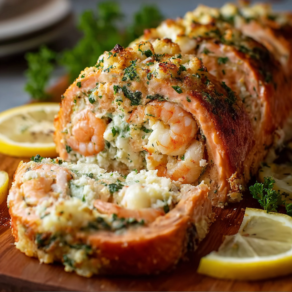 Ein Stück gebackener Shrimp-Roll mit Zwiebeln und Käse auf einem Teller.