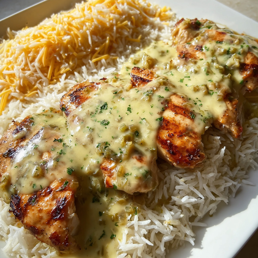 Ein Plate mit Rice und Chicken, die mit Sauce bedeckt sind.