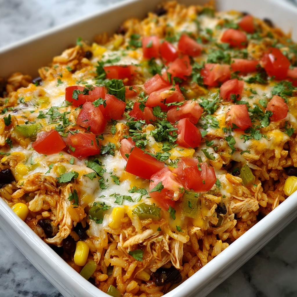 Ein weißer Teller mit einer Mischung aus Rice, Kartoffeln, Tomaten, Zwiebeln und Chicken.