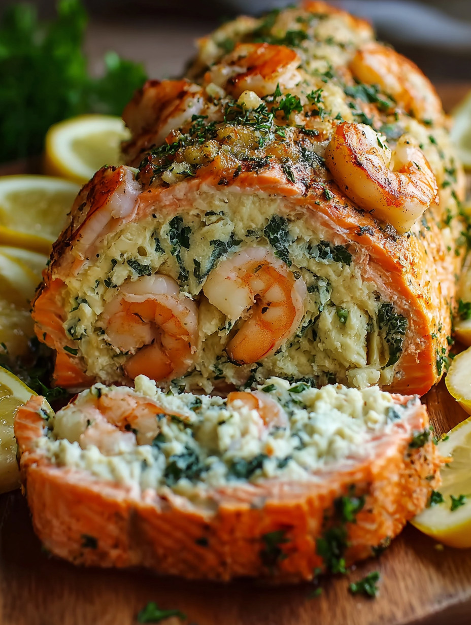 Ein geräuchertes, mit Shrimp und Zwiebeln gefülltes Gericht auf einem Teller.