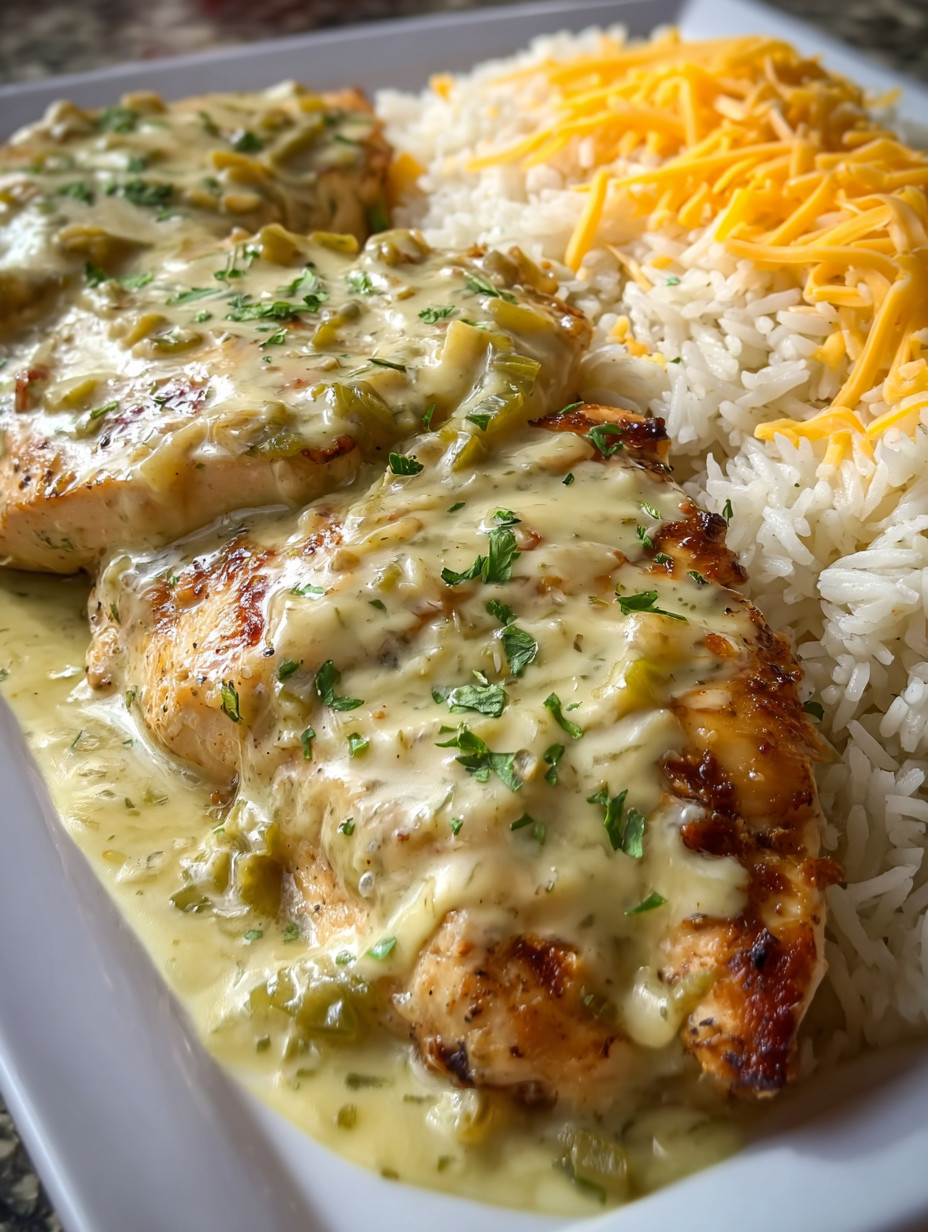 Ein Plate mit Rice und Chicken, die mit Sauce und Zwiebeln garniert sind.