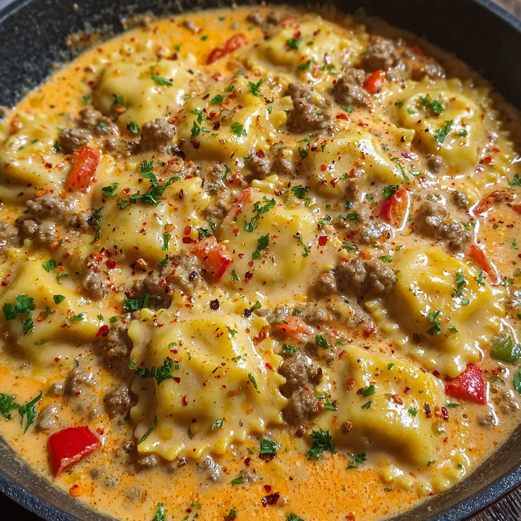 Ein Schmelztopf mit Pasta, Rindfleisch, Tomaten, Paprika und Zwiebeln.