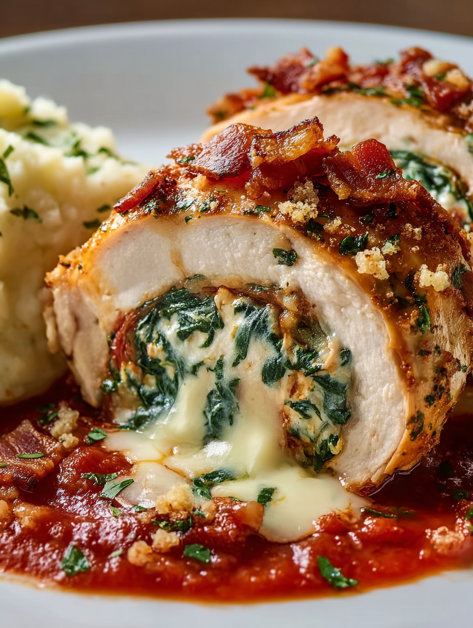 Ein Stück Fleisch mit Baumwolle und Spinat, das auf einem Teller serviert wird.