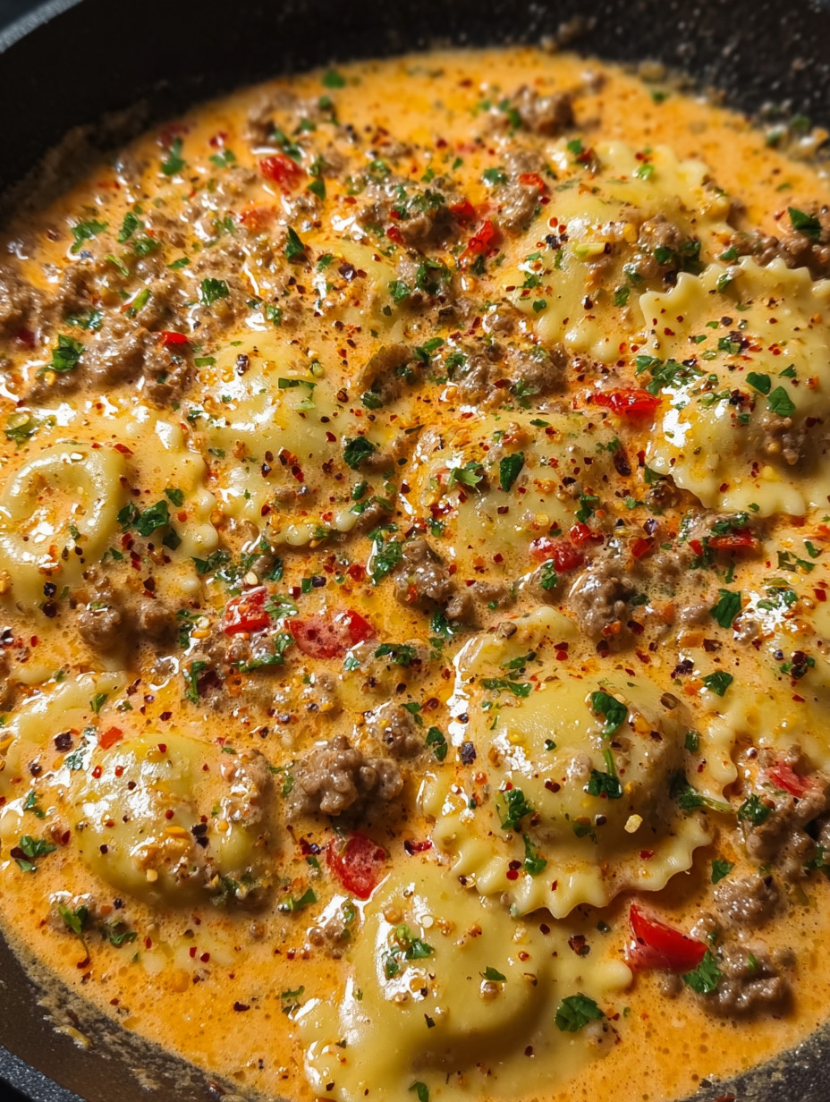 Eine Aufnahme von Pasta mit Käse und Tomaten in einer Sauce.