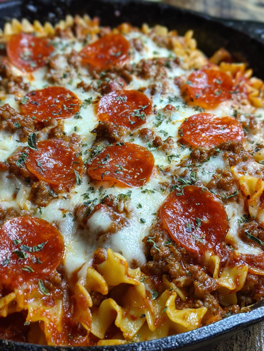 Eine Pizza mit Tomaten, Basilikum und Mozzarella auf Penne-Nudeln.