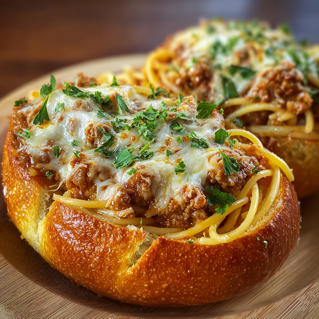 Ein Baguette mit Spaghetti und Käse.