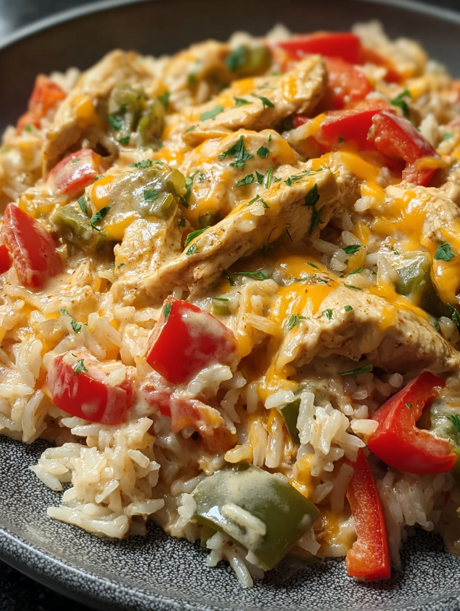Ein Bild von einer Rice-Gerichte mit Chicken, Tomaten, Paprika und Zwiebeln.