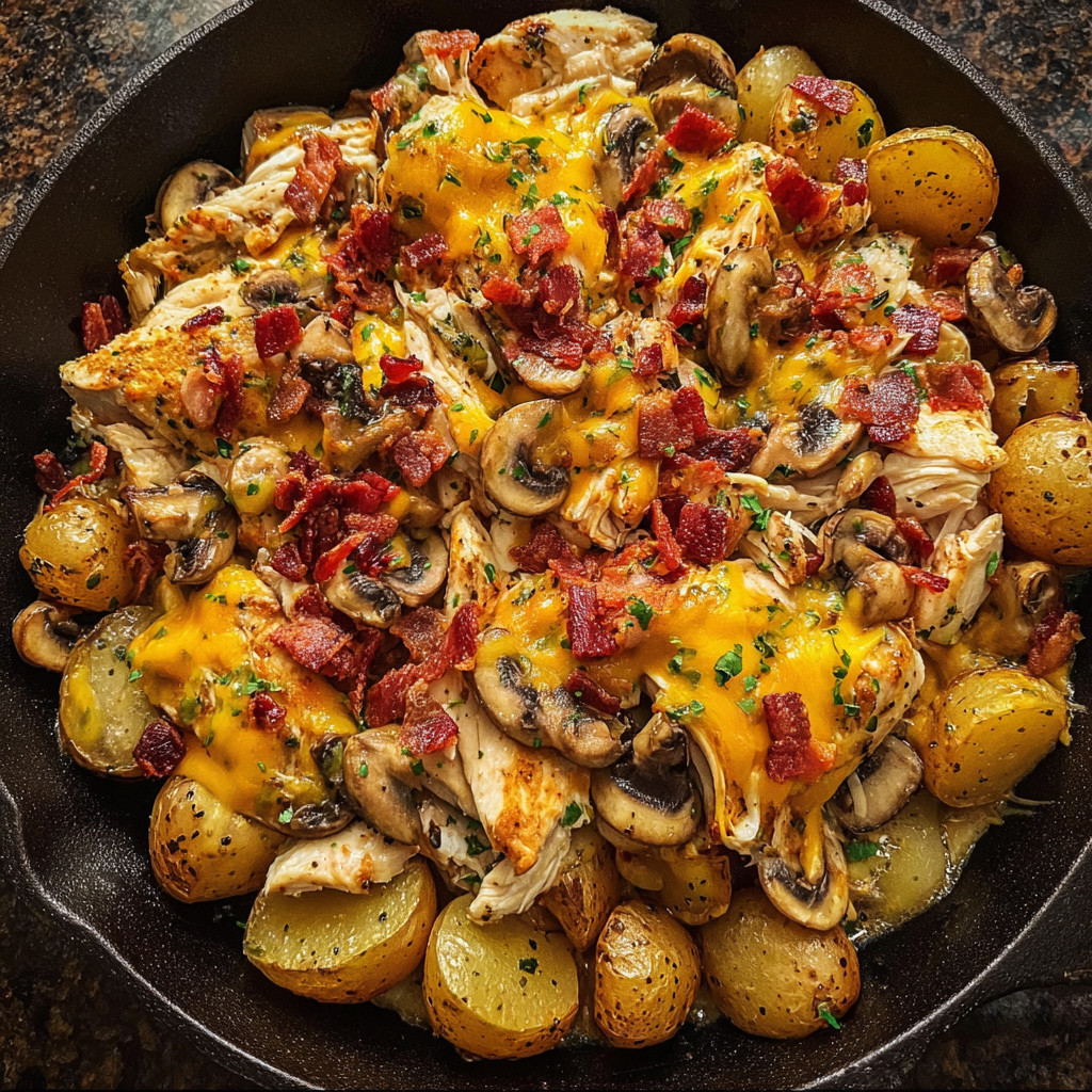 Ein Schmelztopf mit Chicken, Mushrooms und Kartoffeln.