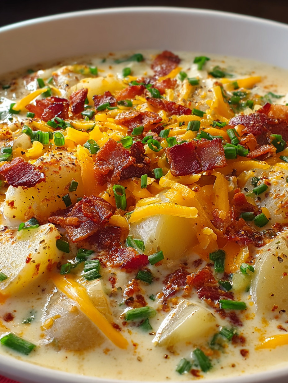 Eine Schüssel mit Bacon, Kartoffeln und Zwiebeln.