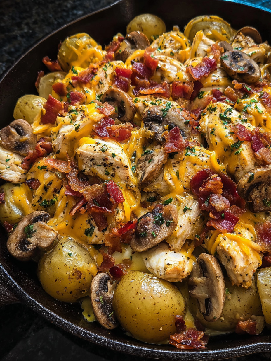 Ein Bild von einer Mischung aus Käse, Bacon, Mushrooms und Potatoes in einem Schälchen.