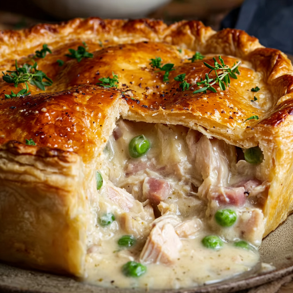 Ein Puff pastry mit einer cremigen Sauce und gegrilltem Fleisch.