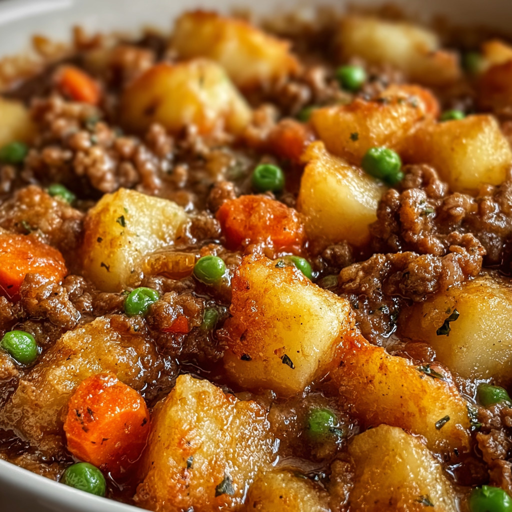 Ein weißer Teller mit einer Mischung aus Fleisch, Kartoffeln, Peas und Karotten.