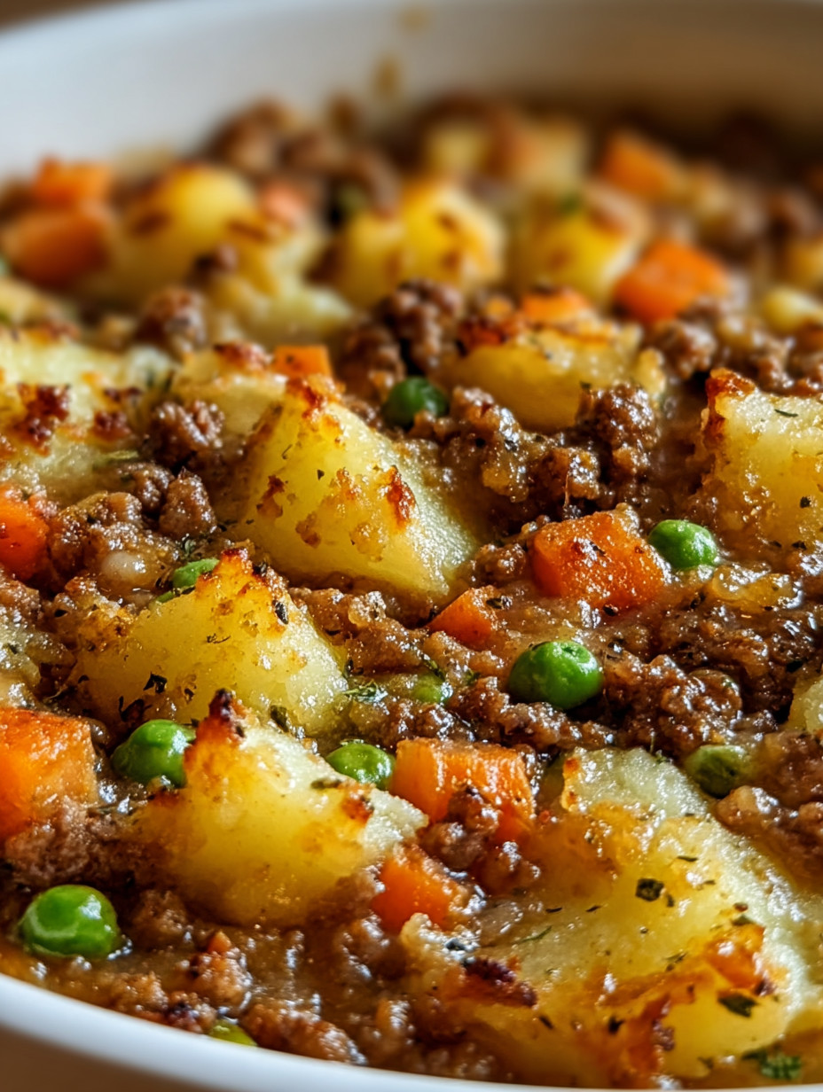 Eine Schüssel mit einer Mischung aus Kartoffeln, Peas, Carrots und Rindfleisch.