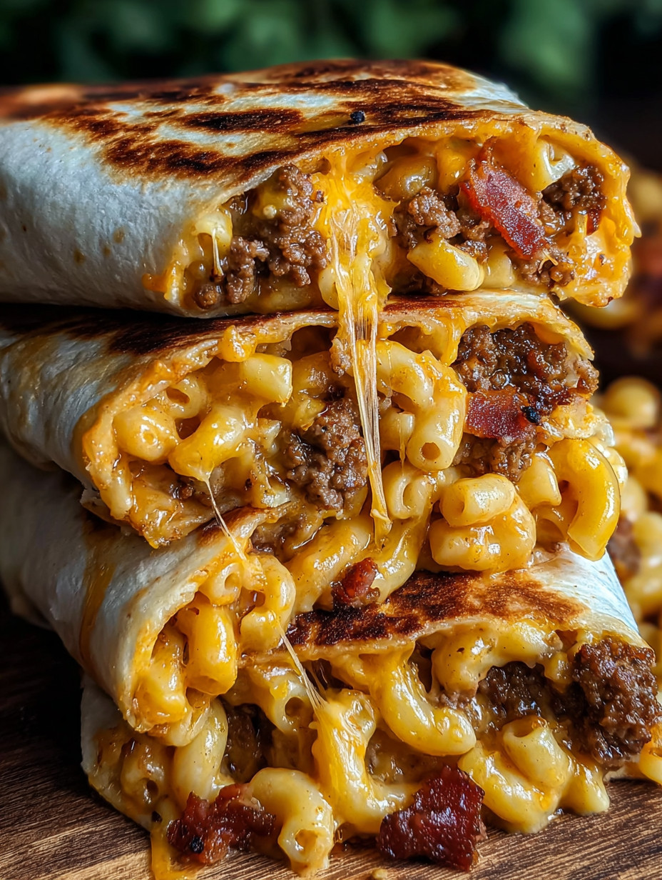 Eine Schicht von Mac &amp; Cheese auf einem Tortilla-Baguette.