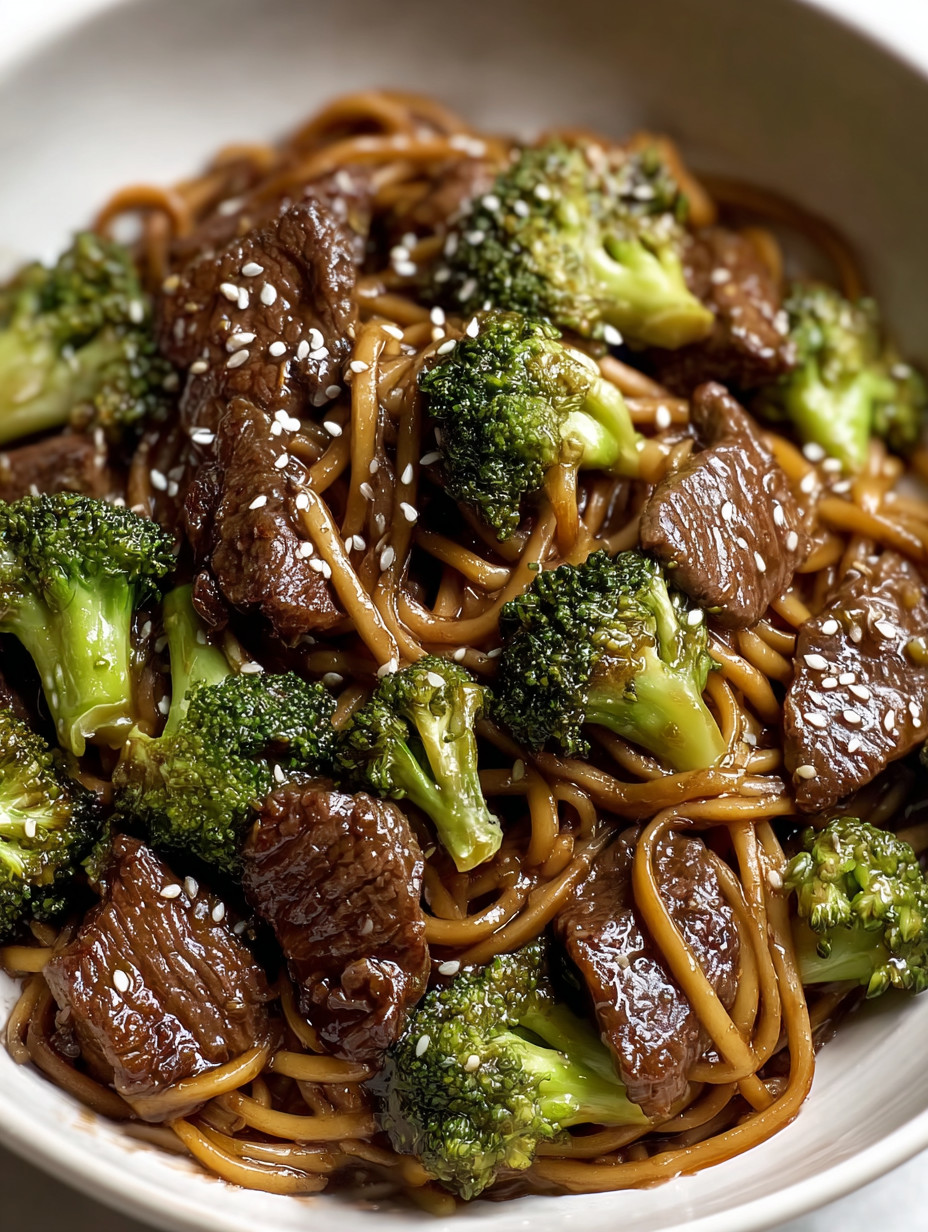 Ein Bild von einer Schüssel mit chinesischem Essen, bestehend aus Meatballs, Spaghetti und vielen Brokkoli.