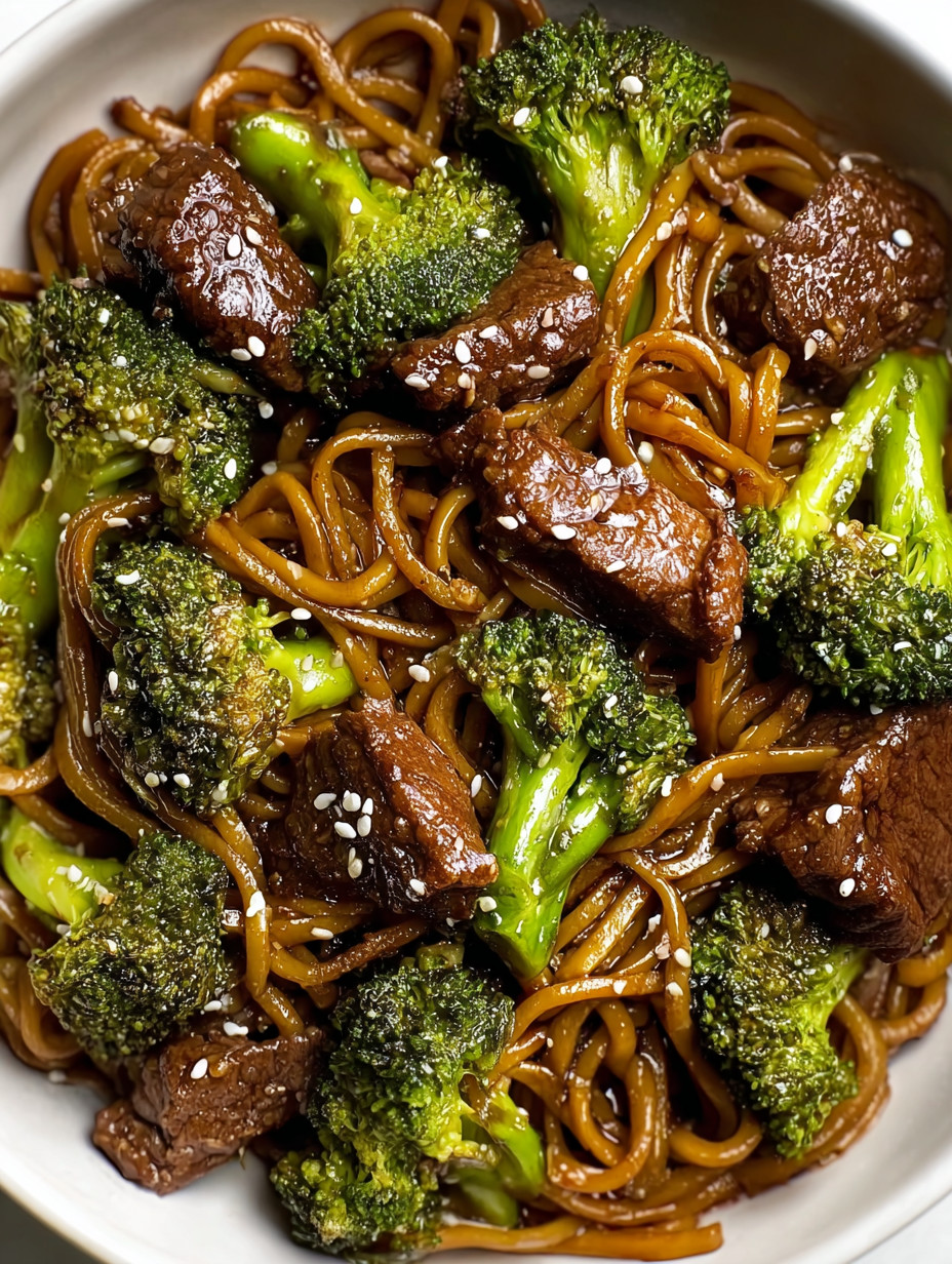 Ein Bild von einer Schüssel mit chinesischem Noodle-Reis und vielen grünen Broccoli-Blättern.