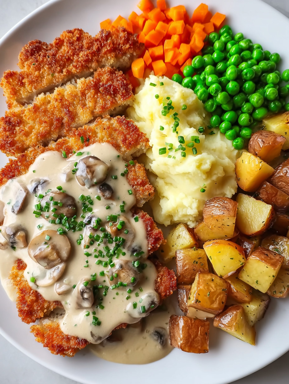 Eine Platte mit verschiedenen Gerichten, darunter Käse, Mushrooms, Potatoes, Peas und Carrots.