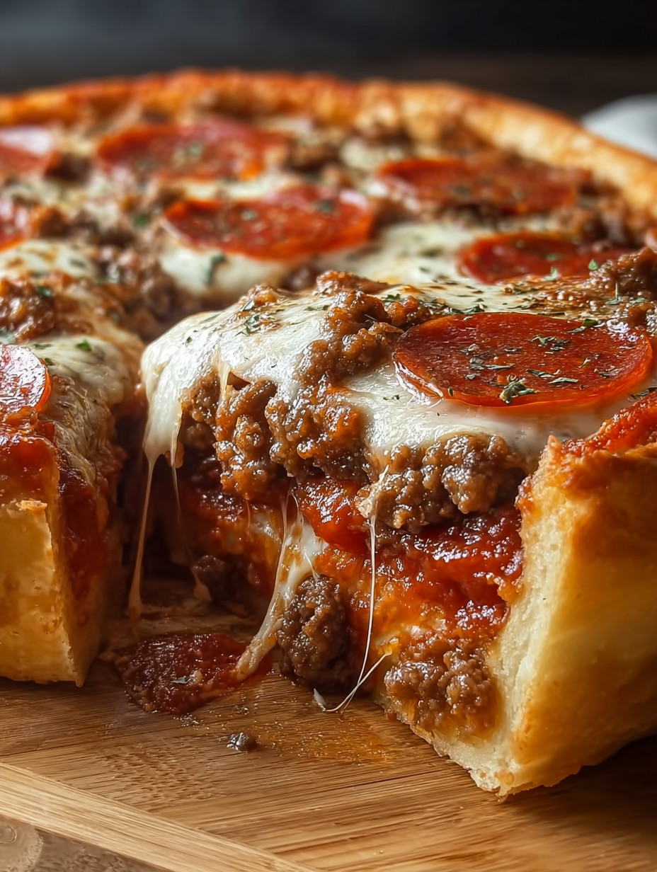 Eine Pizza mit Tomaten, Pepperoni und Käse auf einem Tisch.