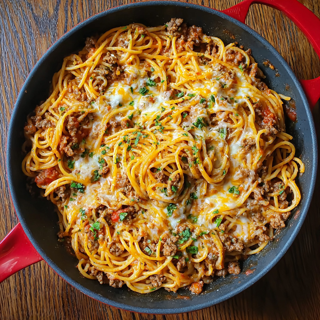 Ein großes, schönes Spaghetti-Gericht mit vielen Zutaten wie Käse, Tomaten, Paprika und Zwiebeln.