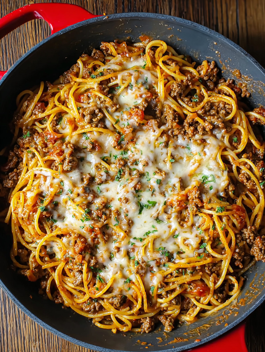Ein Bohneneintopf in einem schwarzen Topf mit Spaghetti-Nudeln und Käse.