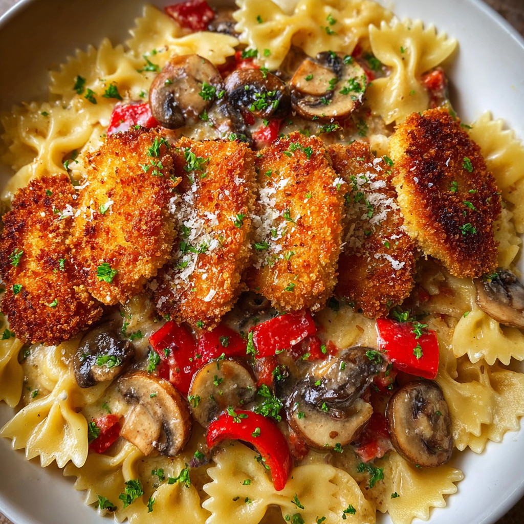 Ein weißer Teller mit Pasta, Mushrooms, Tomaten, Paprika und Zwiebeln.