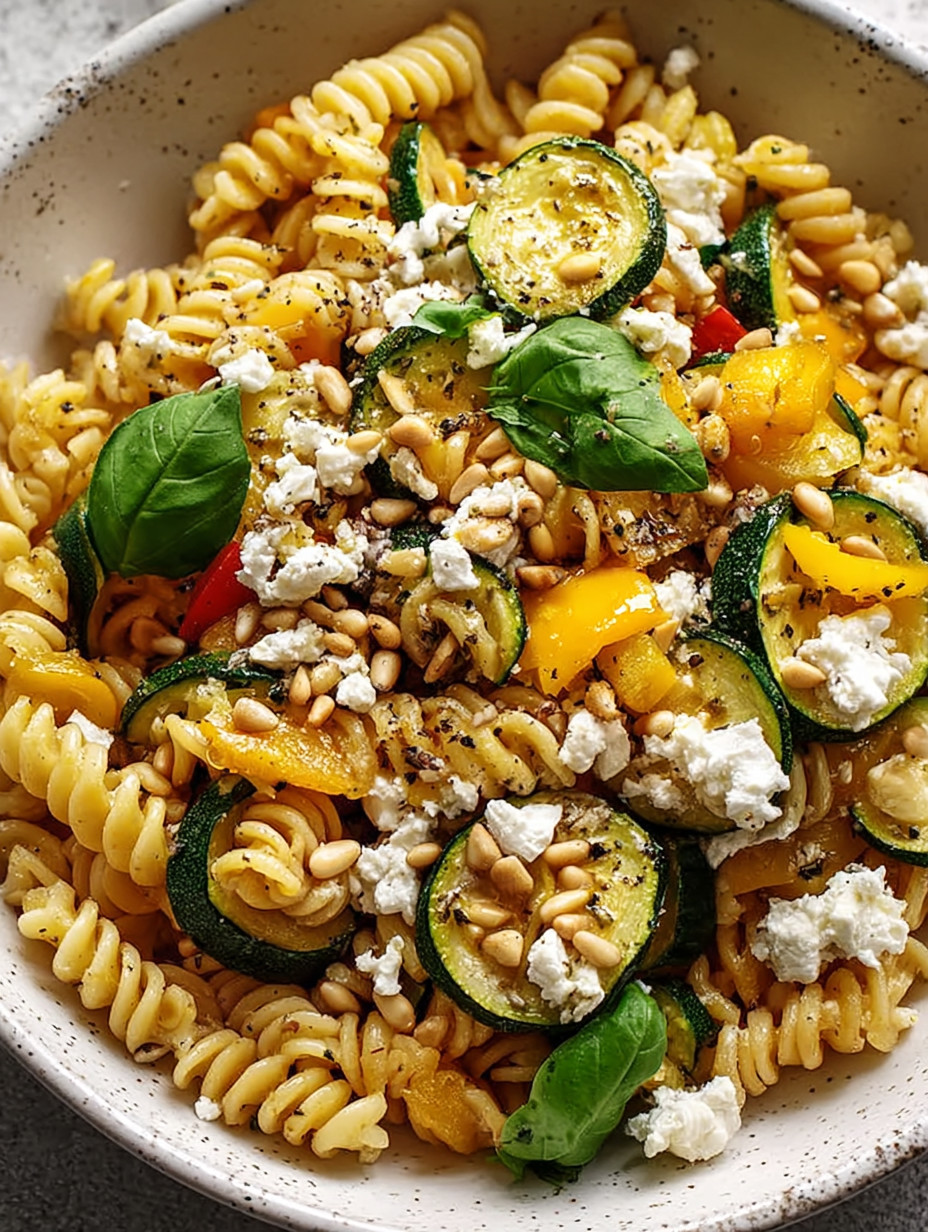 Ein weißer Teller mit Pasta, Zucchini, Tomaten, Basilikum und Walnuss.