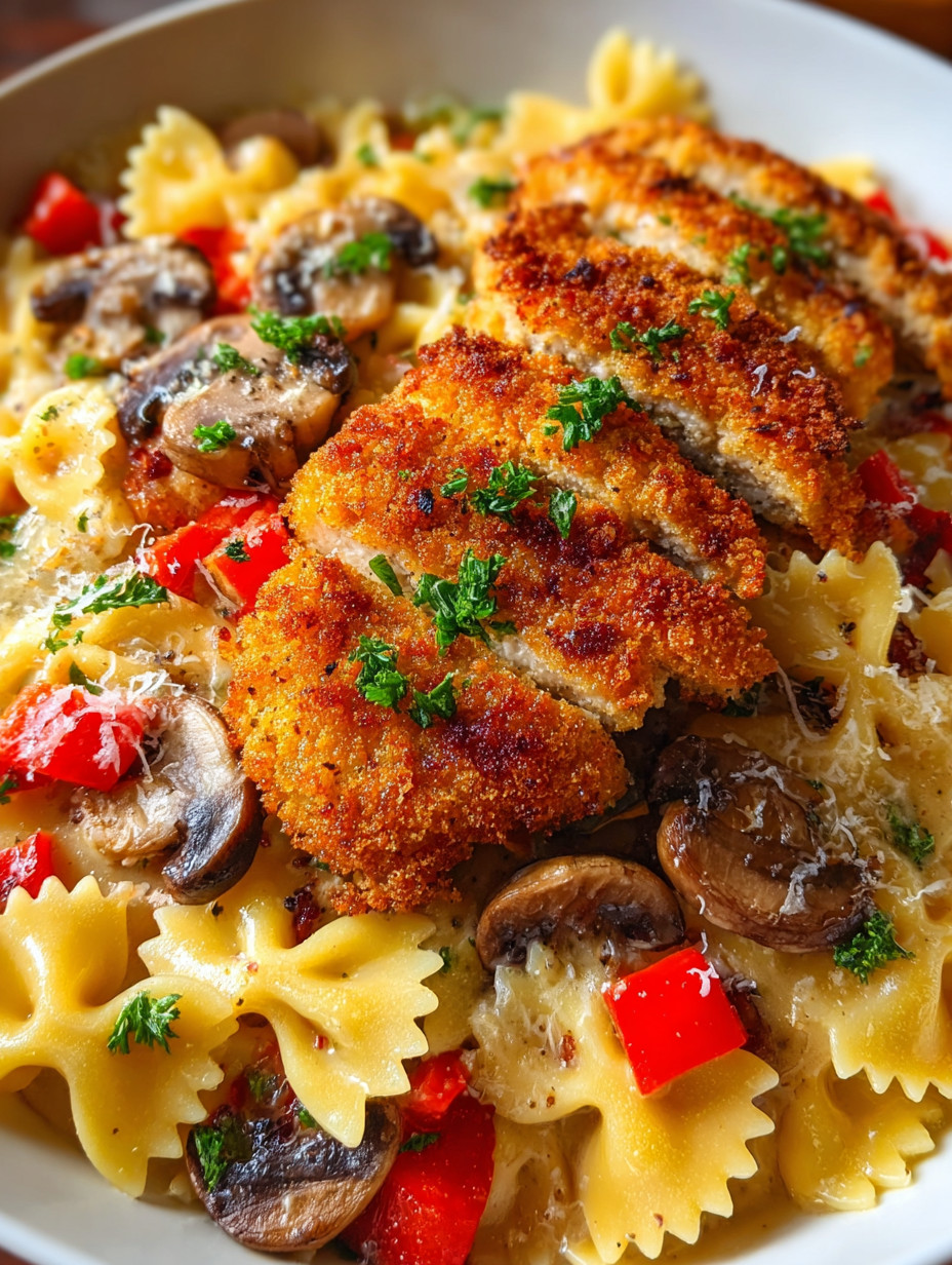 Eine Schüssel mit Pasta, Mushrooms, Chicken und Tomaten.