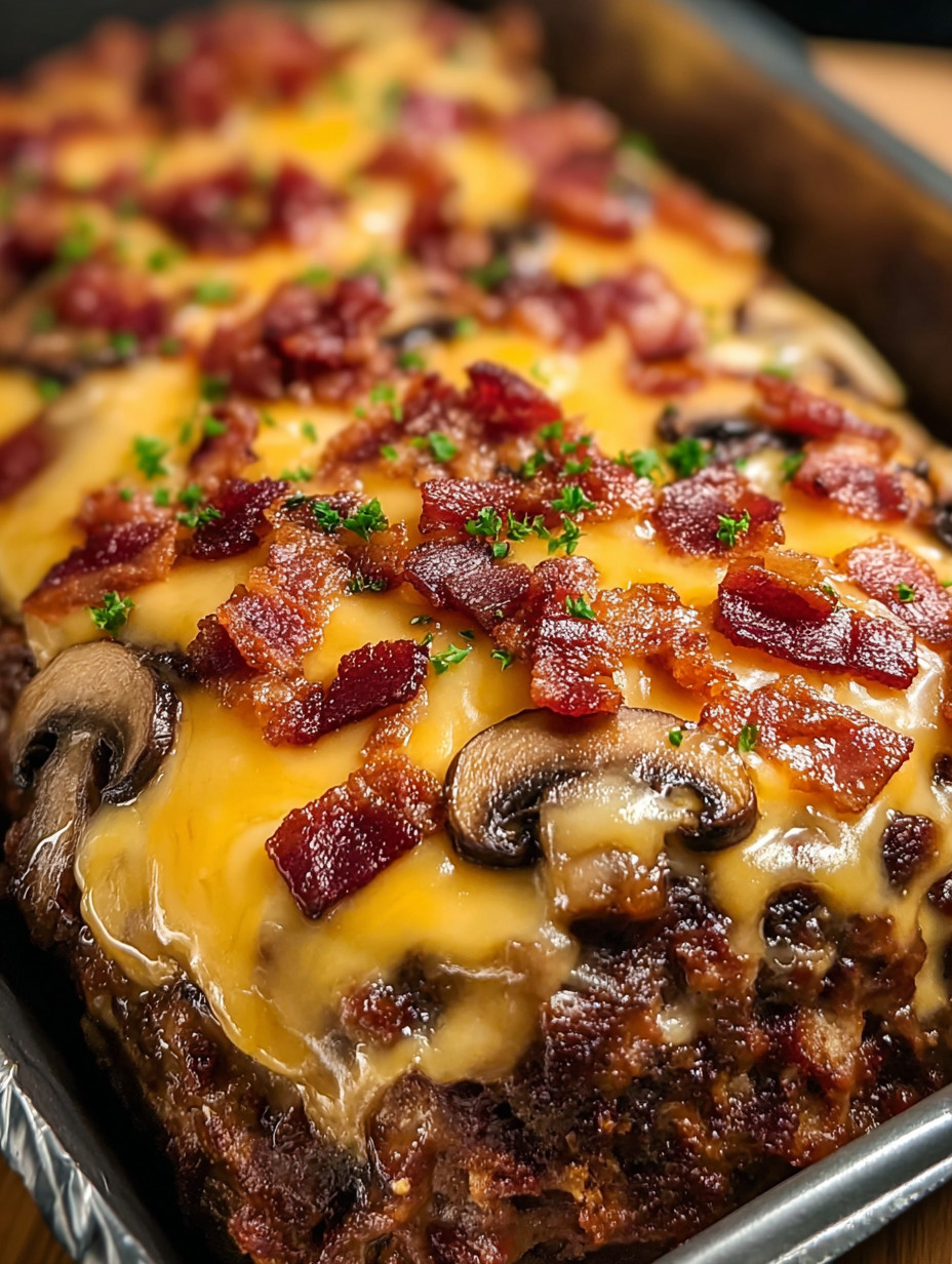 Eine Schüssel mit einem Bacon-Topped Burger, der mit Mushrooms und Zwiebeln garniert ist.