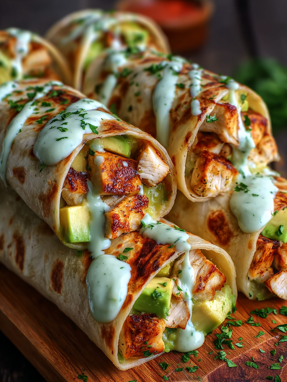 Eine prägnante Bildbeschreibung auf Deutsch lautet: "Ein Taco mit Chicken und Avocado, der mit Mayonnaise und Sour Cream garniert wird."