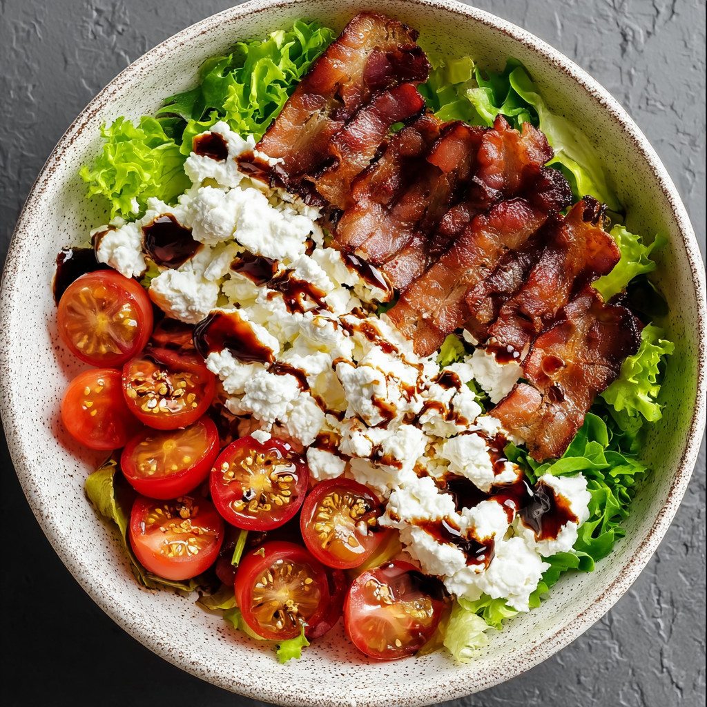 Ein Schüssel mit Salat, Bacon, Tomaten und Feta-Käse.